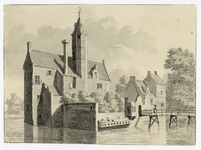 202087 Gezicht op de hoofdburcht van het omgrachte kasteel Wulven te Houten, met rechts de brug naar de voorburcht.